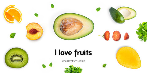 Fruits on white background. Long header banner format. Panorama website header banner. High quality photo