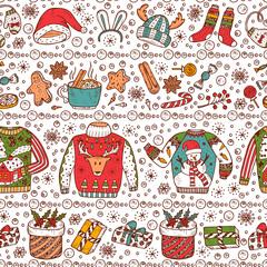 Holiday background. Ugly Christmas Sweater Party. Vector Xmas Seamless pattern. Hand Drawn Doodle Christmas clothes, gifts boxes, sweets, gingerbread cookies, mulled wine, spice, snowball.