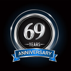 69th birthday logo with silver ring and blue ribbon, Vector design template elements for anniversary celebration, wedding, jubilee, greeting card, invitation, party.