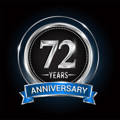 Fototapeta premium 72nd birthday logo with silver ring and blue ribbon, Vector design template elements for anniversary celebration, wedding, jubilee, greeting card, invitation, party.