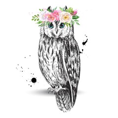 Owl with flower wreath, vintage vector sketch illustration.