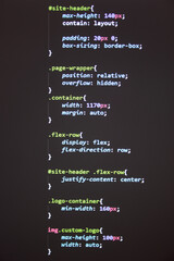 Website theme code close up. Laptop screen with CSS code