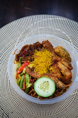 Nasi Ambeng or Nasi Ambang. It is a fragrant rice dish that consists of steamed white rice, chicken curry or chicken stewed in soy sauce, beef or chicken rendang, sambal goreng urap, bergedel.