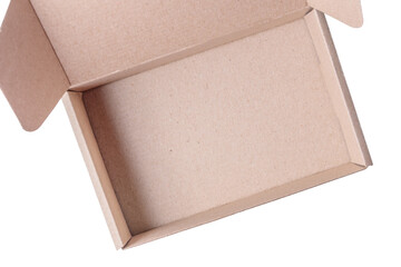Flat open empty Cardboard brown box or Kraft package box isolated on white background.