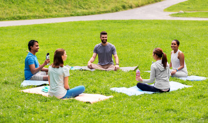 fitness, sport and healthy lifestyle concept - group of happy people sitting on yoga mats at park