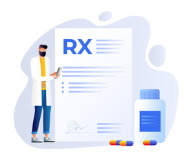 RX prescription. Pharmacist illustration, painkiller medication prescription.