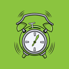 cartoon alarm clock ringing and expression with wake up text. Vector bright dynamic cartoon object isolated on green background