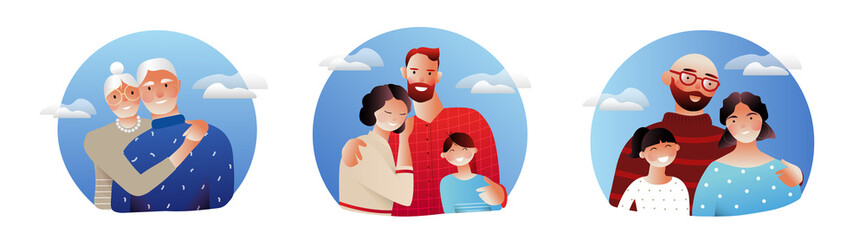 Fototapeta premium Illustrations of families, parents with children and elderly couple