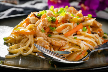 Fried noodles with chicken and vegetables.