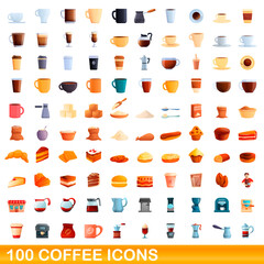 100 coffee icons set. Cartoon illustration of 100 coffee icons vector set isolated on white background