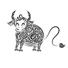 The bull according to the Eastern calendar is a symbol of the New Year. Animal made of ornate elements. Isolated black image on a white background. Copy space. Template for design. Vector.