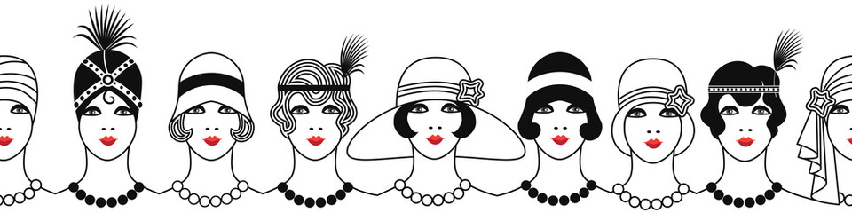 girls with 20s style make up a horizontal seamless pattern