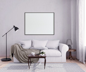 Mock up poster frame in interior background, living room.Scandinavian style. 3d render. 3D illustration.
