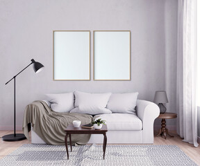 Mock up poster frame in interior background, living room.Scandinavian style. 3d render. 3D illustration.