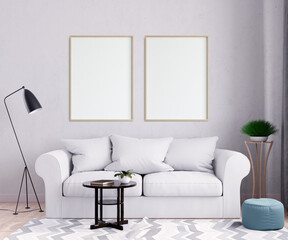 Mock up poster frame in interior background, living room.Scandinavian style. 3d render. 3D illustration.