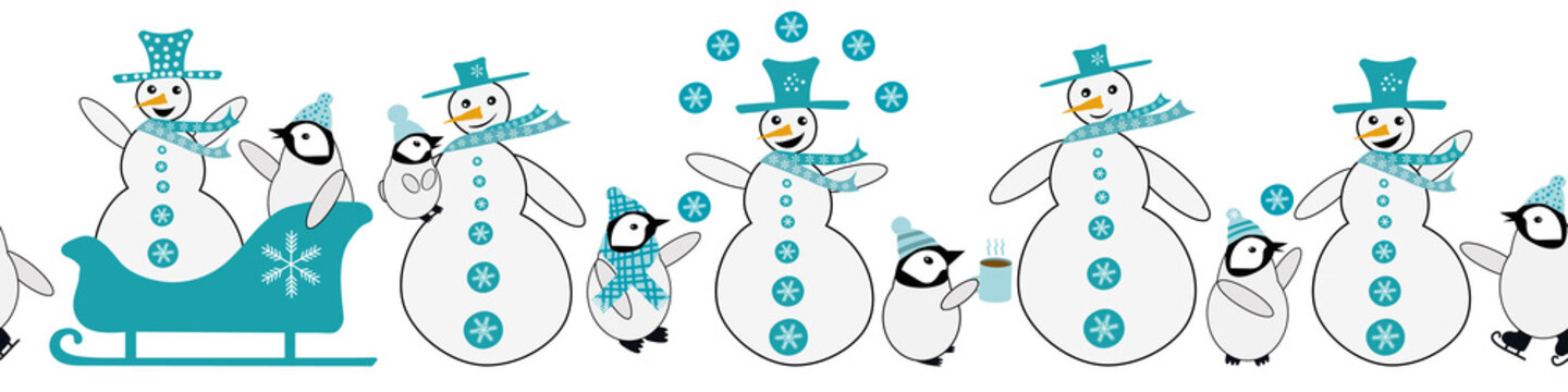 Snowman and baby penguin seamless vector border. Fun blue white banner with smiling, laughing snowmen, little penuins dressed in hats, scarves. Antarctic animals ice-skating, sledging winter scene