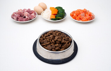 Dry pet dog food in bowl with natural ingredients. Raw meat, fish, vegetables, eggs and salad. concept of correct balanced and healthy nutrition for pet,