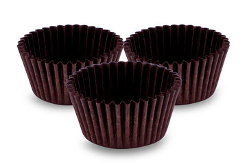 White paper cupcake or muffin form isolated on white background. Cake cup, silicone mold, bakeware.