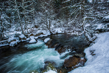 Fototapeta na wymiar Winter river in Capcir, Cerdagne, Pyrenees, France