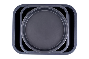 Cake form isolated on white background, copy space. Cake cup, metal mold, bakeware. Top view, flat lay, above