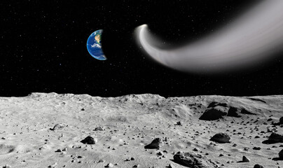 Fototapeta na wymiar Comet on the space view from moon planet earth in the background 