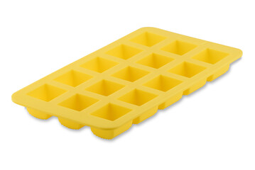 Yellow silicone form isolated on white background. Candy cup, silicone mold, bakeware.