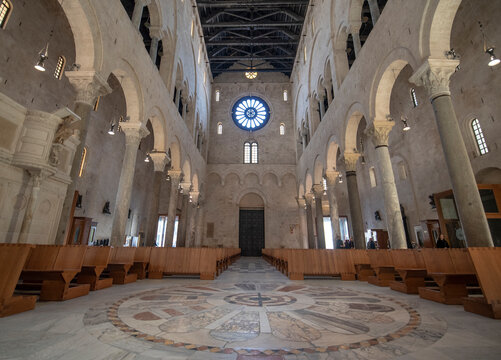 Bari, Puglia, Italy - 23 February, 2019: Interior of Cathedral (Italian: Duomo di Bari or Chiesa Basilica Cattedrale Metropolitana di San Sabino) in region of Apulia