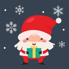 Cute christmas gnome holding a gift box On the background snowflakes falling in winter.