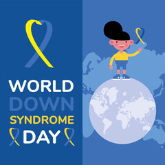 world down sindrome day campaign poster with little boy and ribbon in earth planet