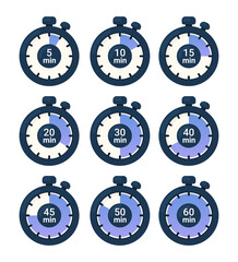Timer, clock, stopwatch set icons. Vector illustration of clock isolated on white.