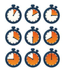 Timer, clock, stopwatch set icons. Vector illustration of clock isolated on white.