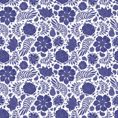 Floral seamless pattern. Paisley elements, fantasy flower, leaves. Dark indigo blue ornament on a white background. Textile bohemian  print,  Batik Chintz  Vintage paint