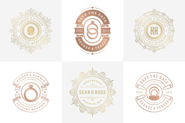 Wedding invitations save the date logos and badges vector elegant templates set