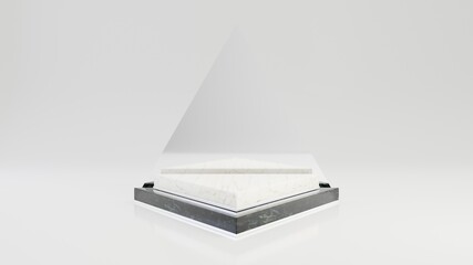 Triangle black and white marble pedestal steps with silver frame isolated on white background. 3d rendered minimalistic abstract background concept for product placement. Minimal fashion mockup.