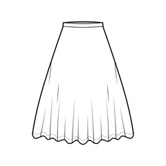 Skirt midi round technical fashion illustration with knee lengths silhouette, circular fullness, thin waistband. Flat bottom template front, white color style. Women, men, unisex CAD mockup