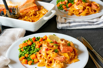 creamy pasta with salmon and vegetables