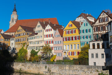 Fototapeta na wymiar Tubingen view of colorful houses in Neckar riverside.Old and famous historical town in Germany, tourism and travel concept.