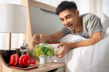 Plant near bed make young asian man happy in the morning