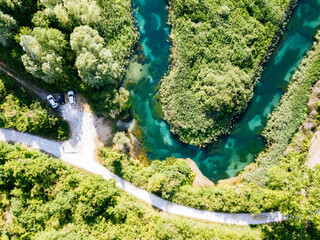 Tirino, river in Abruzzo, Southern Italy. Aerial view