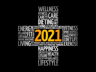 2021 health and sport goals cross word cloud, concept background