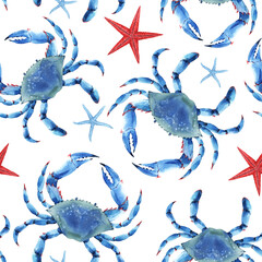 Beautiful seamless underwater pattern with watercolor blue crabs and starfish. Stock illustration. © zenina