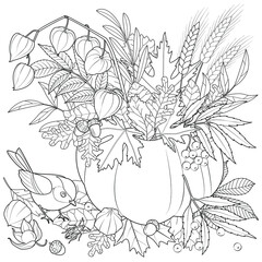 Bouquet of autumn leaves in a pumpkin black and white vector illustration