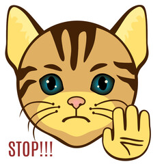 emoticon asks to stop with palm gesture, simplistic facial expression vector illustration, cat cartoon character, simple hand drawn icon from a set