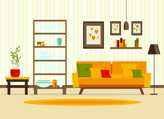 living room interior with furniture, table, shelves with books and home flowers, floor lamp. flat cartoon vector illustration