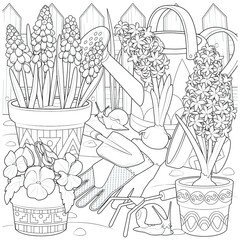 Flowers in the garden and snails black and white vector illustration