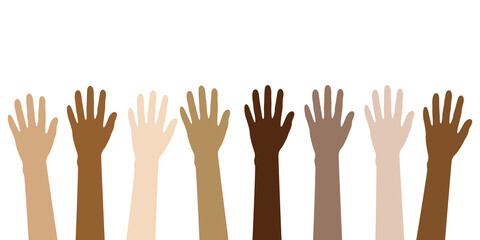 Fototapeta premium raised hands in different skin colors isolated on white vector illustration EPS10