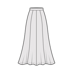Skirt maxi eight gore technical fashion illustration with ankle lengths silhouette, semi-circular fullness. Flat bottom template front, grey color style. Women, men, unisex CAD mockup