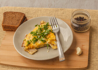 Lunch with omelette with cauliflower. Flat lay