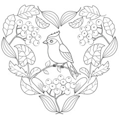 Heart of autumn leaves with bird black and white vector illustration