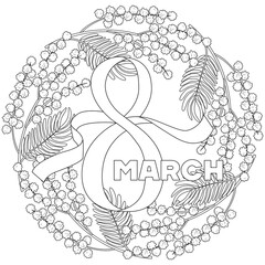 March 8 wreath black and white illustration for coloring